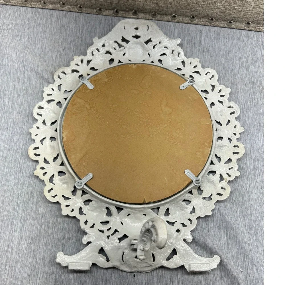 Vintage White Ornate Cast Metal Tabletop Vanity Mirror Rococo Scrollwork 12.5in‎